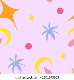 Summer confetti simple and cute vector seamless pattern with colorful stars, moons, drops and dots on pastel lavender background