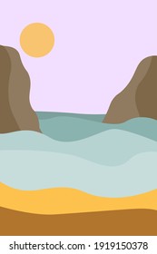 Sommer des Inhalts der abstrakten modernen Landschaftsposter-Illustration, Hintergrund in Gelb-und Blau-Farben. Sandstrand, Berge, Strand am Meer, Ozean. Vektorgrafik