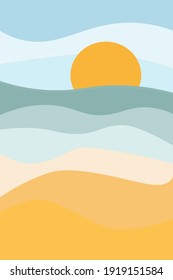 Summer of the content of abstract modern landscape poster illustration, background in yellow and blue colors. Sandy beach, sun, beach on the sea, ocean. Vector graphics
