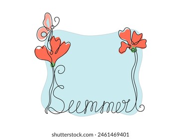 Summer, continuous one line drawing of flower and a butterfly. Drawn poppy flowers. Hand lettering Summer. Banner, background.