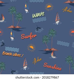 Summer conversational beach island ,wave ,elements seamless pattern ,vector EPS10 ,Design for fashion , fabric, textile, wallpaper, cover, web , wrapping and all prints on dark ocean blue