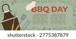 Summer cookout template. Horizontal banner featuring striped apron, chef hat and cooking tools with line art food pattern on green background vector illustration.