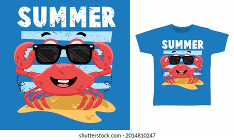 Summer cool crab illustration t-shirt design vector concept.