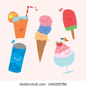 Summer cool drinks and ice cream characters. Hand Drawn vector illustration EPS10