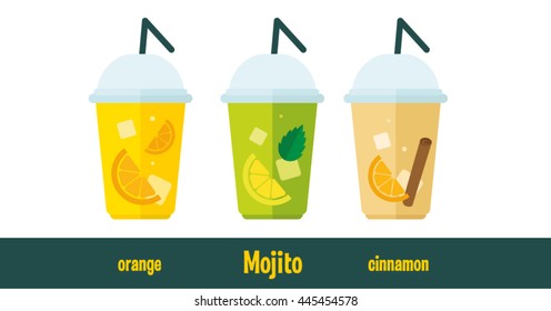 Summer cool drinks. Lemonade with ice. Vector illustration of a flat. 