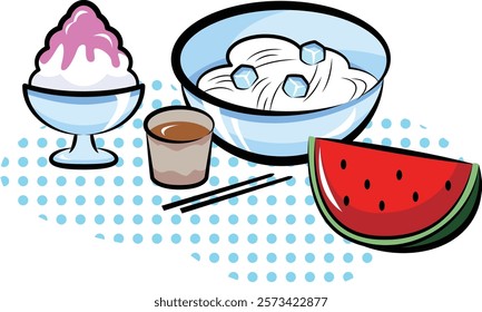 Summer cool, watermelon, somen(thin wheat noodles in Japanese), shaved ice | Useful seasonal event material series (summer) | Pop one-point illustrations