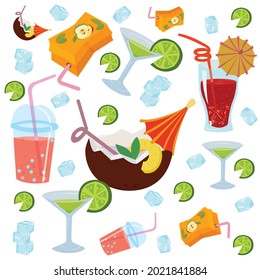 El verano refresca las bebidas en un fondo blanco. Patrón sin foco. Ilustración de material vectorial.