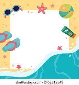 Summer copy space, square frame template. Summer design template, vector illustration. Layout design. Sandy beach with sea waves. Summer banner, beach background. Vacation concept