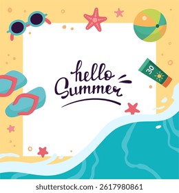 Summer copy space, square frame template. Hello summer lettering. Summer design template, vector illustration. Layout design. Sandy beach with sea waves. Summer banner, background. Vacation concept
