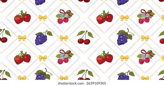 Summer coquette berry and fruits seamless pattern. Preppy wallpaper, hand drawn ribbons and bows patchwork print. Garden vector illustration, checkered romantic background, textile design, plaid.