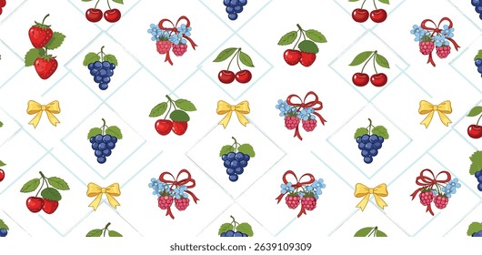 Summer coquette berry and fruits seamless pattern. Preppy wallpaper, hand drawn ribbons and bows patchwork print. Garden vector illustration, checkered romantic background, textile design, plaid.