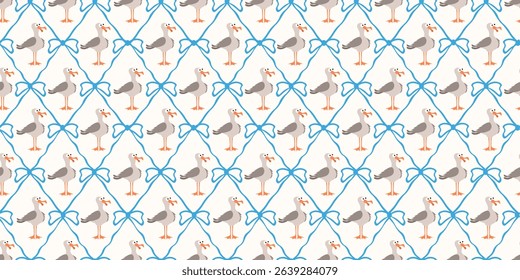 Summer. Coquette seamless Trellis. Vector illustration of seagull Coquette Bow and Ribbon seamless pattern. Perfect child wallpaper textile fabric print. EPS 10