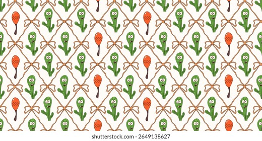 Summer. Coquette seamless Trellis. Vector illustration silly cactus mexican maracas and Coquette Bow Ribbon seamless pattern. Perfect interior room wallpaper fabric print. Mexican wrapping paper