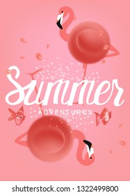 Summer coral colored banner with abstract flamingos, fishes and drops of water. Vector illustration