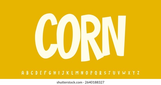 Summer Corn Grain, joyful lettering, cartoon funny typography. Childish font for friendly logo headline of culinary recipe book, sweets, ice cream title. Food typographic design. Vector typeset.
