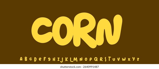 Summer Corn Grains, joyful lettering, cartoon rounded typography. Childish font for friendly logo headline of culinary recipe book, sweets, ice cream title. Food typographic design. Vector typeset.