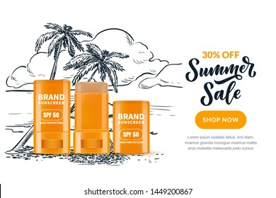 Summer Cosmetic Sale Banner, Poster Design Template With Sketch Beach Landscape Background. Vector Realistic 3d Illustration Of Sunscreen, Sunblock Stick In Open And Closed Packaging.
