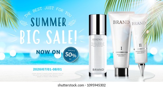 Summer cosmetic set ads with products on bokeh beach background in 3d illustration