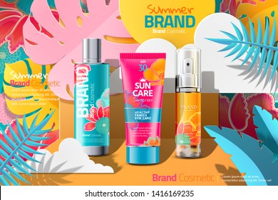 Summer cosmetic skincare ads on colorful paper art tropical forest background, 3d illustration