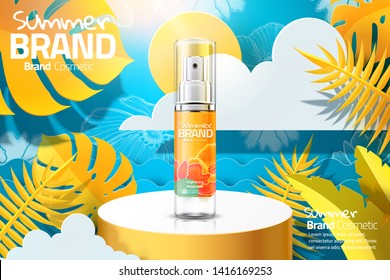 Summer cosmetic skincare ads on cylinder stage and paper art tropical forest background in 3d illustration