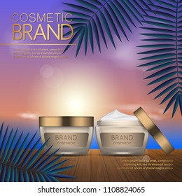 Summer cosmetic template on the sunset beach with exotic palm leaves background. Realistic 3D design