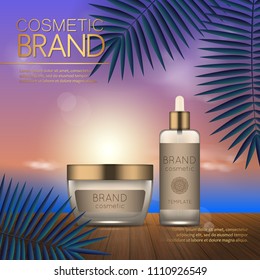 Summer cosmetic template on the sunset beach with exotic palm leaves background. Realistic 3D design