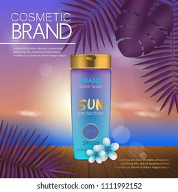 Summer cosmetic template on the sunset beach with exotic palm leaves background. Realistic 3D design