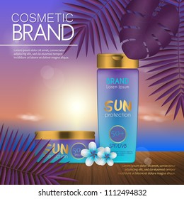 Summer cosmetic template on the sunset beach with exotic palm leaves background. Realistic 3D design