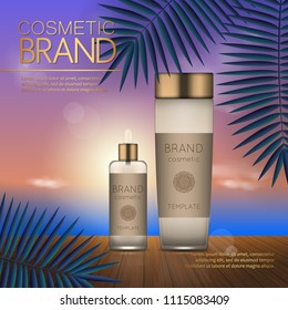 Summer cosmetic template on the sunset beach with exotic palm leaves background. Realistic 3D design