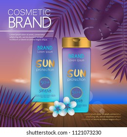Summer cosmetic template on the sunset beach with exotic palm leaves background. Realistic 3D design