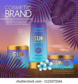 Summer cosmetic template on the sunset beach with exotic palm leaves background. Realistic 3D design