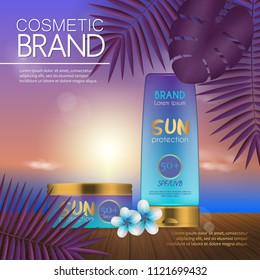Summer cosmetic template on the sunset beach with exotic palm leaves background. Realistic 3D design