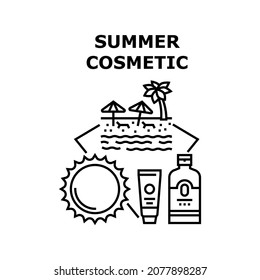 Summer Cosmetic Vector Icon Concept. Sunscreen Cream And Lotion Bottle And Tube Packages, Summer Cosmetic For Skin Care And Protect, Resting Vacation On Sandy Beach Black Illustration