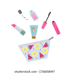 Summer cosmetics.  lipstick, manicure, mascara, sunscreen.