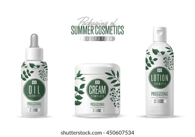 Summer cosmetics packaging. Brand design for organic body, hand and facial skin care product. Professional cosmetics branding vector packaging template. Oil, lotion and cream pack illustration
