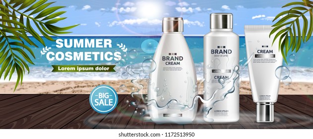 Summer cosmetics Vector realistic. Sea view backgrounds