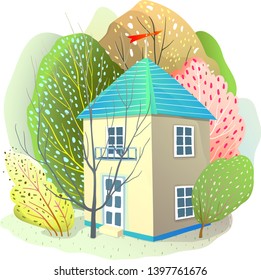 Summer Cottage House with Trees and Forest Nature. House surrounded by trees little cottage in nature. Vector watercolor style cartoon design.