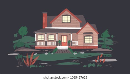 Summer cottage or mansion with porch surrounded by beautiful nature in darkness. Suburban residential house with lit windows in night time. Colorful cartoon vector illustration in flat style