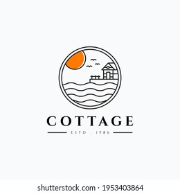 Summer cottage minimalist line art vector illustration logo design. Simple cabin logo concept
