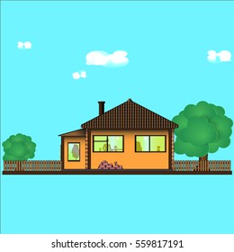 Summer cottage on a blue background. Vector illustration isolated.