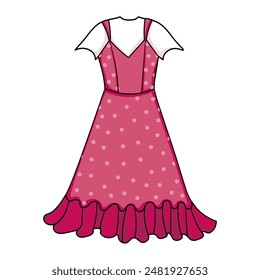 Summer cotton soft girls sweet and elegant pink dress with polka dot pattern, fashion illustration for icon design or print, casual feminine outfit