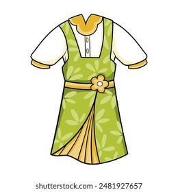 Summer cotton soft girls sweet green dress with floral pattern, fashion illustration for icon design or print, casual feminine outfit
