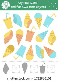 Summer counting game with ice-cream, lemonade and seashell. Beach food math activity for preschool children. How many objects worksheet. Educational printable with cute funny pictures for kids