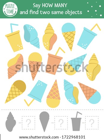 Summer counting game with ice-cream, lemonade and seashell. Beach food math activity for preschool children. How many objects worksheet. Educational printable with cute funny pictures for kids
