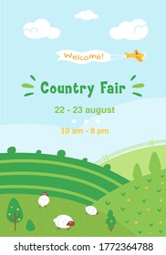 Summer Country Fair Poster Or Invitation For The Farm Market. Cartoon Flat Illustration With The Tiny Sheep