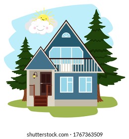 Summer country house. Cottage among green trees, cartoon house with door and flashlight in countryside, vector illustration of concept vacation on nature in farmland