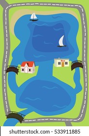 Summer country landscape car track play mat for children activity and entertainment. Sunny country landscape with plants, river, lakes, house, shop, yacht, boat, bridges and trees