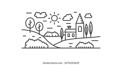 Summer country landscape with high tower of ancient building and trees on lawn, line icon vector illustration