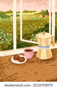 Summer country landscape view from home window. Coffee cup and cookies on windowsill. Rural nature, countryside meadow, flowers, and grass. Cottagecore vibe, mood card. Flat vector illustration