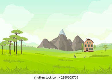 Summer Country Side Landscape Nature And Mountain Vector